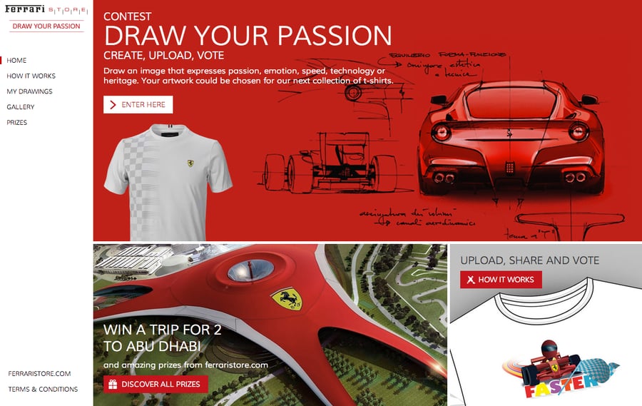 La landing del contest Ferrari Store Draw your passion