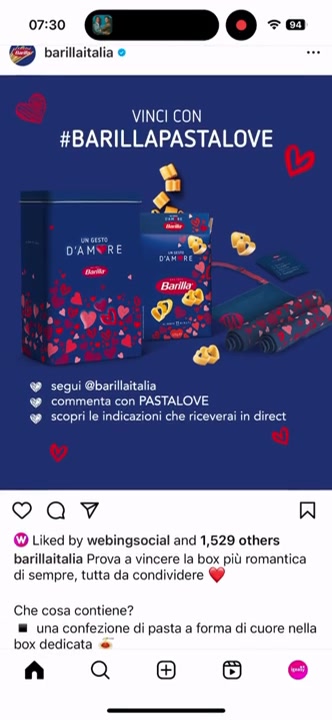 Il post del social contest Barilla con la parola chiave nel commento, primo passo del Comment Picker Chatbot