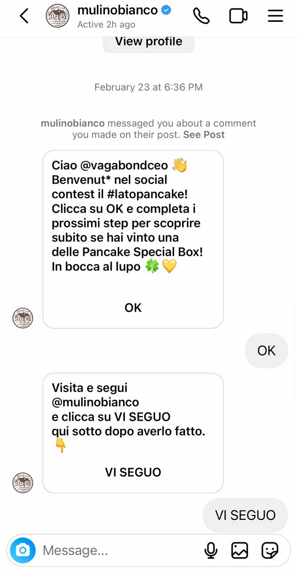 Chat in direct del contest #IlLatoPancake con la richiesta di seguire @mulinobianco